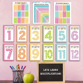 Hadley Designs Multiplication Chart Poster Set - 9 Math Posters for Classroom & Homeschool - Times Tables, Skip Counting, and Division Posters - Pastel Theme