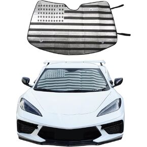 Windshield Sunshade Fit for Chevrolet Corvette C8 2020-2024, Folding Car Sun Shade for Front Window, Auto Sun Protection Visors Blocks UV Rays and Keeps Vehicle Cool (Front, American Flag Pattern)