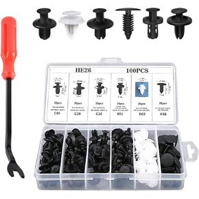 100 PCS Car Bumper Retainer Clips, Complete Sizes Quantities Nylon Fasteners Rivet Replacement Kit, Push-in Screw Bumper Push Rivet Clip with Disassemble Tool, for Most Models (Black)