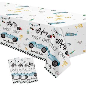 Fast One Birthday Decorations for Boys Tablecloth - Race Car 1st Birthday Party Supplies Table Cover, Blue Race Car One-Year-Old Birthday Decorations Table Cloth | 3 Pack (54in x 108in)