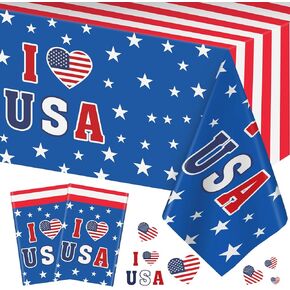 2 Pieces I Love USA Tablecloth, Rectangle Plastic 4th of July Table Cloth, Disposable Waterproof Patriotic Table Cover for July 4th Independence Day Decorations and Party Supplies Decor, 54"x 108"