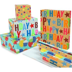 BIOBROWN Birthday Wrapping Paper - 17 Inch X 10 Feet (4 Rolls: 56.6 sq. ft. ttl.) Colorful Text Happy Birthday Design Perfect for Party, Holiday, Baby Shower