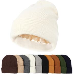 Satin Lined Beanie Hats for Women Men Knit Acrylic Beanie Winter Hat Silk Lining Soft Slouchy Warm Cuffed Beanie Hat