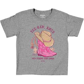Kerusso, Faith Message, Cowboy Boots, Girls, Toddler, Sport Grey, Pink, Cotton, Kids Crew Neck T-Shirt, Yee Haw, Amen