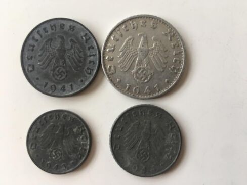 War Era Nazi Reichspfennig 1,5,10 and 50 Lot of 4 Reichspfennig, German Third Reich Athentic Artifacts in Saudi Arabia
