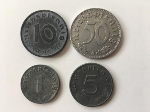 War Era Nazi Reichspfennig 1,5,10 and 50 Lot of 4 Reichspfennig, German Third Reich Athentic Artifacts in Saudi Arabia