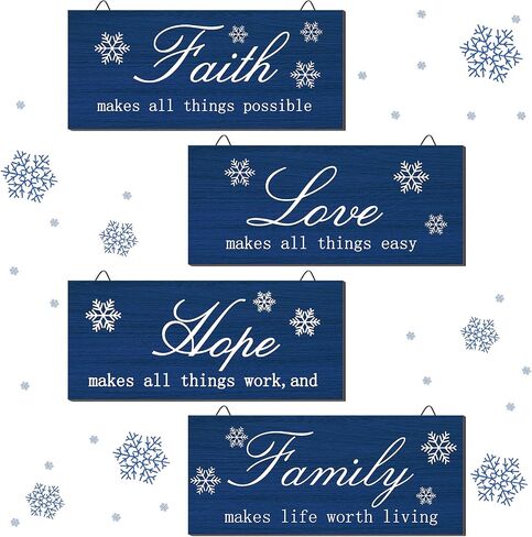 4 Pieces Christmas Plaid Wood Signs Snow Signs Faith Love Hope Family Wall Art Farmhouse Hanging Decor Rustic Christmas Wooden Plaque for Home Decor, 10 x 4 Inch (Dark Blue) in Saudi Arabia