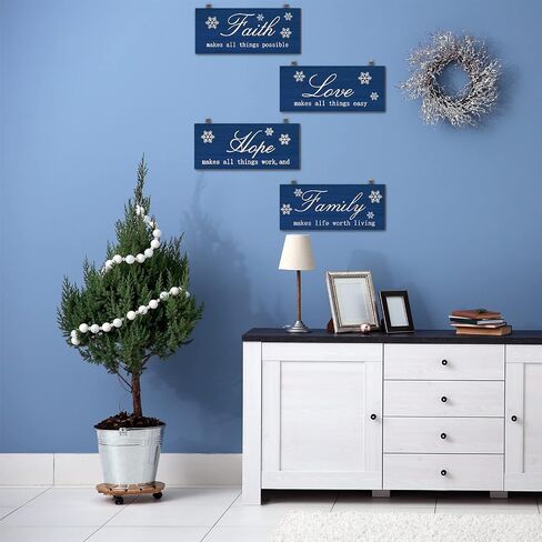 4 Pieces Christmas Plaid Wood Signs Snow Signs Faith Love Hope Family Wall Art Farmhouse Hanging Decor Rustic Christmas Wooden Plaque for Home Decor, 10 x 4 Inch (Dark Blue) in Saudi Arabia