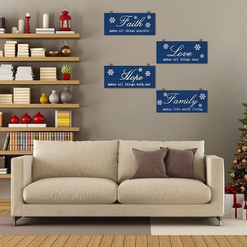 4 Pieces Christmas Plaid Wood Signs Snow Signs Faith Love Hope Family Wall Art Farmhouse Hanging Decor Rustic Christmas Wooden Plaque for Home Decor, 10 x 4 Inch (Dark Blue) in Saudi Arabia