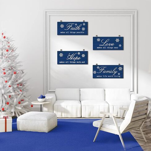 4 Pieces Christmas Plaid Wood Signs Snow Signs Faith Love Hope Family Wall Art Farmhouse Hanging Decor Rustic Christmas Wooden Plaque for Home Decor, 10 x 4 Inch (Dark Blue) in Saudi Arabia