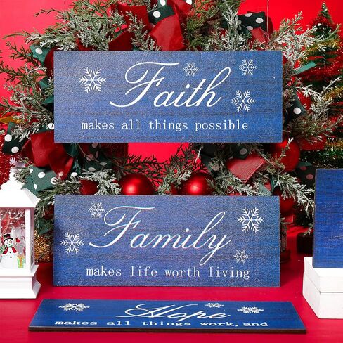 4 Pieces Christmas Plaid Wood Signs Snow Signs Faith Love Hope Family Wall Art Farmhouse Hanging Decor Rustic Christmas Wooden Plaque for Home Decor, 10 x 4 Inch (Dark Blue) in Saudi Arabia