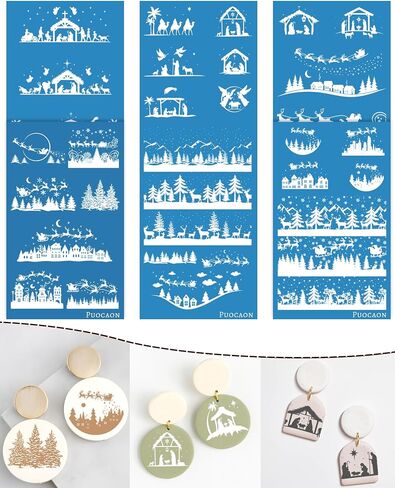Puocaon Christmas Clay Silk Screen - 6 Pcs Polymer Clay Silk Screen for Christmas Jewelry, Santa Claus Reindeer Clay Silk Screen Stencils, Jesus Birth Silk Screen Stencils for Polymer Clay Earrings in Saudi Arabia
