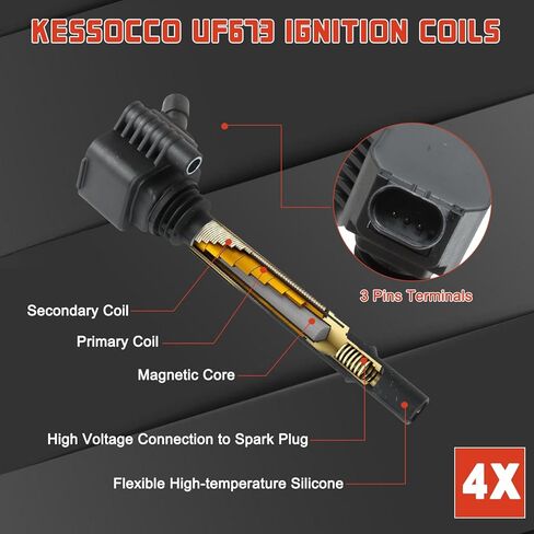 4 قطع UF673 ملفات الإشعال وشمعات الإشعال أطقم 93618 بديلة لـ 2013-2016 دودج دارت 1.4L 1368CC، 2012-2017 فيات 500 1.4L 1368CC in Kuwait