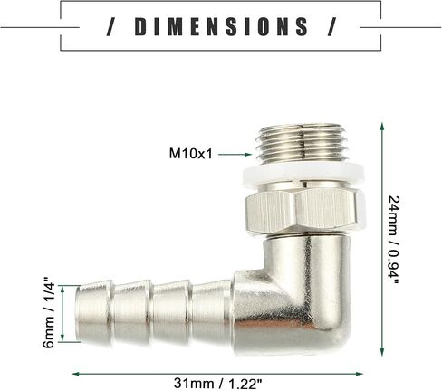 Motoforti Universal Car 90 Degree Brass Fitting Hose Adapter, Hose Fitting, 6mm 1/4" Barb to Male Metric M10x1, Durable, Brass, Silver Tone in Saudi Arabia