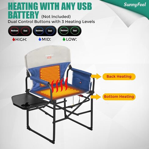 SUNNYFEEL Heated Camping Directors Chair, Heavy Duty,Oversized Outdoor Portable Heating Folding Chair with Side Table, Pocket for Beach, Fishing,Trip,Picnic,Lawn,Concert Foldable Camp Chairs in Kuwait