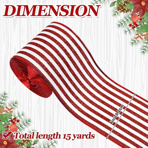 Whaline Christmas Peppermint Stripe Wired Edge Ribbon 4 Inch Glitter Christmas Red White Stripes Ribbon for Xmas Tree Bow Wreath Craft Gift Wrap Holiday Home Decor, 15 Yards in Kuwait
