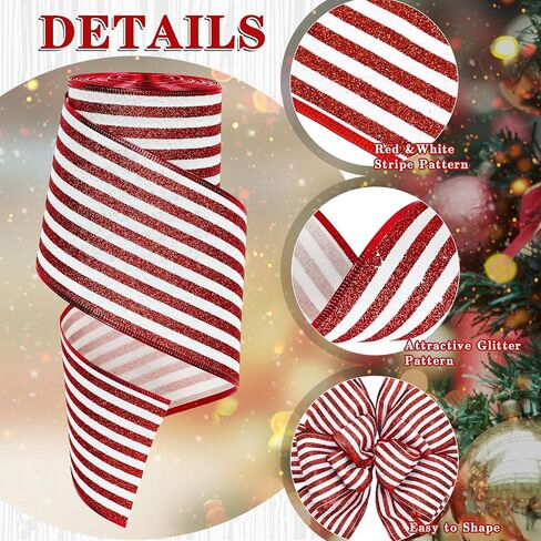 Whaline Christmas Peppermint Stripe Wired Edge Ribbon 4 Inch Glitter Christmas Red White Stripes Ribbon for Xmas Tree Bow Wreath Craft Gift Wrap Holiday Home Decor, 15 Yards in Kuwait
