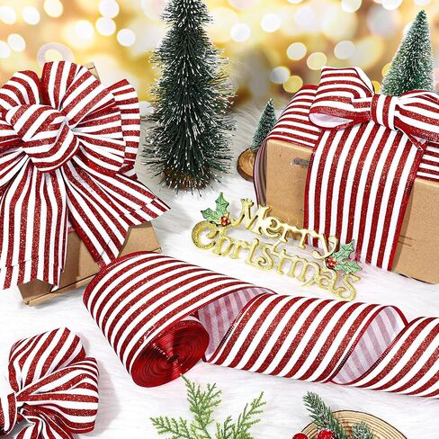 Whaline Christmas Peppermint Stripe Wired Edge Ribbon 4 Inch Glitter Christmas Red White Stripes Ribbon for Xmas Tree Bow Wreath Craft Gift Wrap Holiday Home Decor, 15 Yards in Kuwait