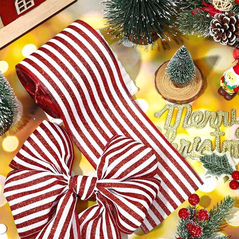Whaline Christmas Peppermint Stripe Wired Edge Ribbon 4 Inch Glitter Christmas Red White Stripes Ribbon for Xmas Tree Bow Wreath Craft Gift Wrap Holiday Home Decor, 15 Yards in Kuwait