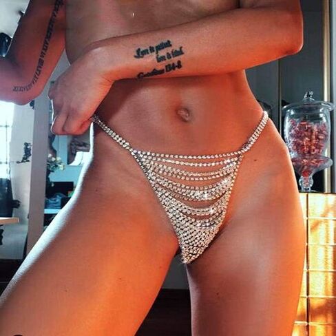 Aimimier Rhinestone Panties Thong Summer Beach Bikini Body Chain Crystal Underwear Belly Waist Chain for Women and Girls (Gold) in Kuwait