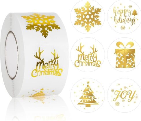 500Pcs Christmas Stickers Roll, Christmas Tree Snowflake Label Stickers Gold Foil Designs Self Adhesive Decoration Stickers Round Christmas Presents Cards Tag 1 inch Envelope Seal Holiday Stickers in Kuwait
