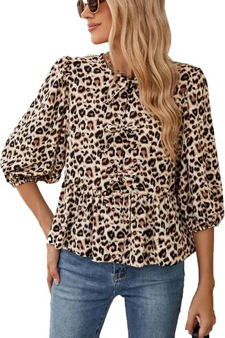Tie Front Tops Women Y2k Leopard Print Puff Sleeve 3/4 Length Peplum Cute Clothes in Kuwait