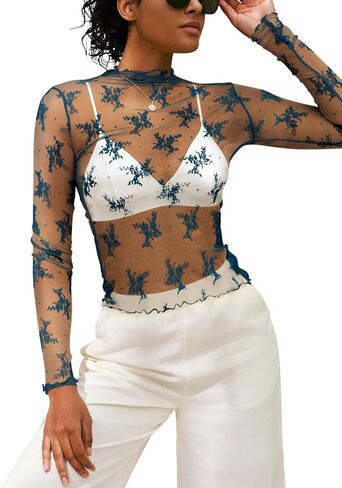 DOROSE بلوزة شبكية بأكمام طويلة للنساء من الدانتيل ورقبة وهمية، بلوزة شفافة مثيرة in Kuwait