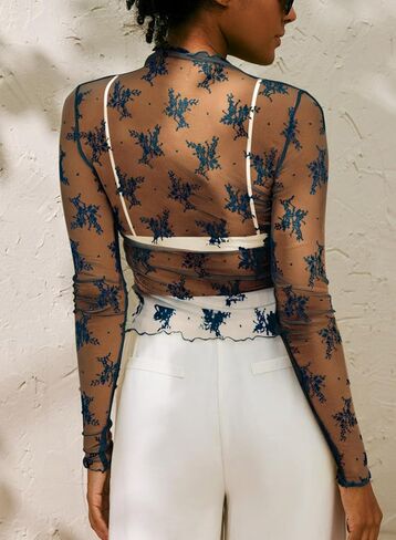 DOROSE بلوزة شبكية بأكمام طويلة للنساء من الدانتيل ورقبة وهمية، بلوزة شفافة مثيرة in Kuwait