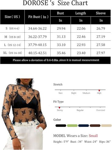 DOROSE بلوزة شبكية بأكمام طويلة للنساء من الدانتيل ورقبة وهمية، بلوزة شفافة مثيرة in Kuwait