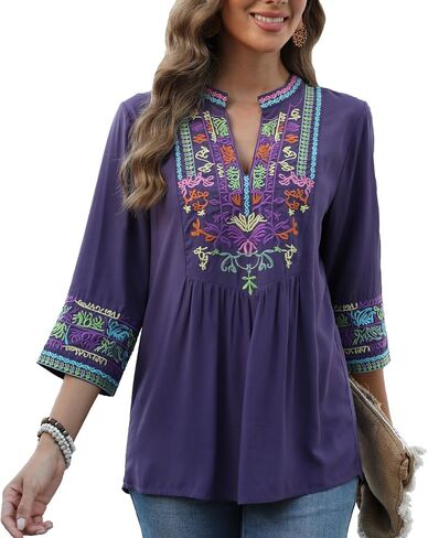Higustar Mexican Embroidered Tops Boho 3/4 Sleeve Shirts Floral Peasant Tunic Bohemian Fiesta Blouses Clothes for Women in Kuwait