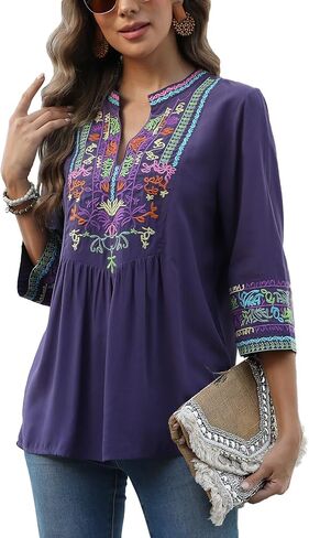 Higustar Mexican Embroidered Tops Boho 3/4 Sleeve Shirts Floral Peasant Tunic Bohemian Fiesta Blouses Clothes for Women in Kuwait