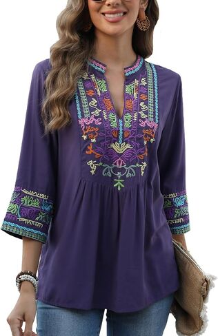 Higustar Mexican Embroidered Tops Boho 3/4 Sleeve Shirts Floral Peasant Tunic Bohemian Fiesta Blouses Clothes for Women in Kuwait