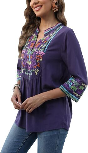 Higustar Mexican Embroidered Tops Boho 3/4 Sleeve Shirts Floral Peasant Tunic Bohemian Fiesta Blouses Clothes for Women in Kuwait