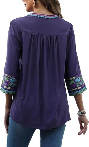Higustar Mexican Embroidered Tops Boho 3/4 Sleeve Shirts Floral Peasant Tunic Bohemian Fiesta Blouses Clothes for Women in Kuwait