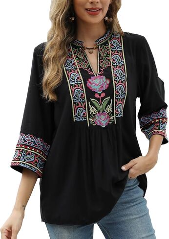 Higustar Mexican Embroidered Tops Boho 3/4 Sleeve Shirts Floral Peasant Tunic Bohemian Fiesta Blouses Clothes for Women in Kuwait