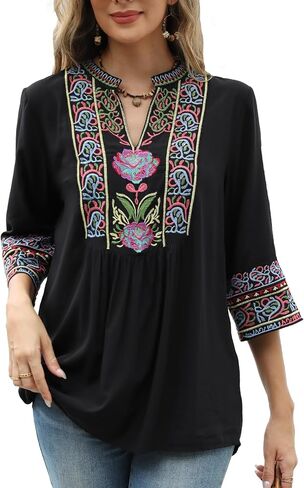 Higustar Mexican Embroidered Tops Boho 3/4 Sleeve Shirts Floral Peasant Tunic Bohemian Fiesta Blouses Clothes for Women in Kuwait
