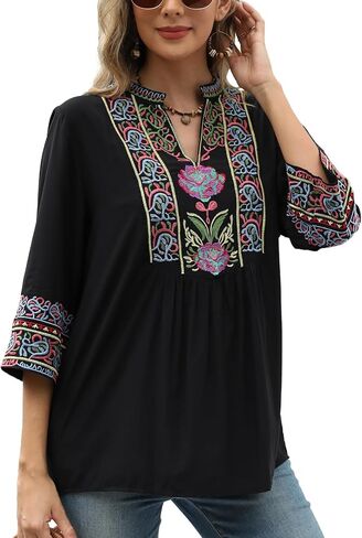 Higustar Mexican Embroidered Tops Boho 3/4 Sleeve Shirts Floral Peasant Tunic Bohemian Fiesta Blouses Clothes for Women in Kuwait
