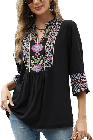 Higustar Mexican Embroidered Tops Boho 3/4 Sleeve Shirts Floral Peasant Tunic Bohemian Fiesta Blouses Clothes for Women in Kuwait