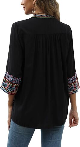Higustar Mexican Embroidered Tops Boho 3/4 Sleeve Shirts Floral Peasant Tunic Bohemian Fiesta Blouses Clothes for Women in Kuwait
