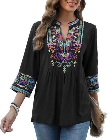 Higustar Mexican Embroidered Tops Boho 3/4 Sleeve Shirts Floral Peasant Tunic Bohemian Fiesta Blouses Clothes for Women in Kuwait