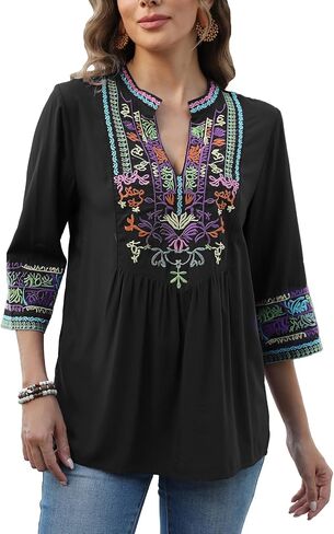Higustar Mexican Embroidered Tops Boho 3/4 Sleeve Shirts Floral Peasant Tunic Bohemian Fiesta Blouses Clothes for Women in Kuwait