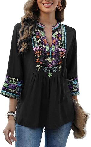 Higustar Mexican Embroidered Tops Boho 3/4 Sleeve Shirts Floral Peasant Tunic Bohemian Fiesta Blouses Clothes for Women in Kuwait