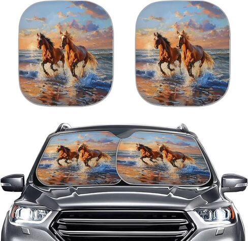 Seaside Horses Printed Sun Shade for Car Windshield Foldable 2pcs Sun Shield Automotive Window Sunshades Interior Sun Protection UV Rays Blocker in Kuwait