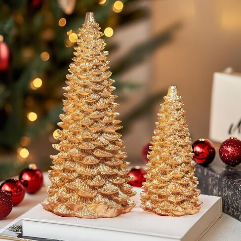 NEROSUN Gold Christmas Tree Figurine, Set of 2 Resin Christmas Tree Table Decorations, Christmas Mini Tree Ornaments Table Centerpiece for Indoor Cabinet Mantel Fireplace Holiday Xmas Decor in Saudi Arabia