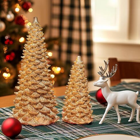 NEROSUN Gold Christmas Tree Figurine, Set of 2 Resin Christmas Tree Table Decorations, Christmas Mini Tree Ornaments Table Centerpiece for Indoor Cabinet Mantel Fireplace Holiday Xmas Decor in Saudi Arabia