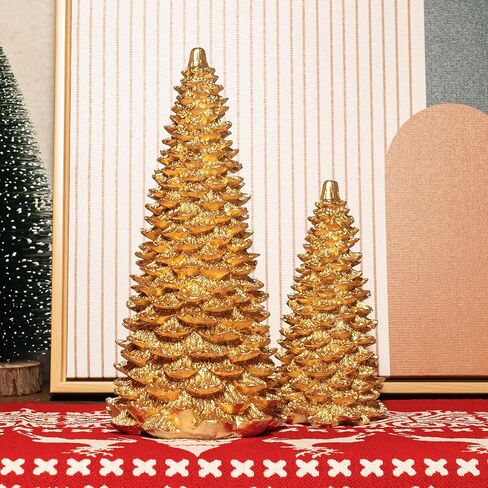 NEROSUN Gold Christmas Tree Figurine, Set of 2 Resin Christmas Tree Table Decorations, Christmas Mini Tree Ornaments Table Centerpiece for Indoor Cabinet Mantel Fireplace Holiday Xmas Decor in Saudi Arabia