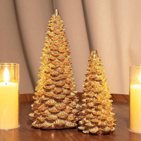 NEROSUN Gold Christmas Tree Figurine, Set of 2 Resin Christmas Tree Table Decorations, Christmas Mini Tree Ornaments Table Centerpiece for Indoor Cabinet Mantel Fireplace Holiday Xmas Decor in Saudi Arabia