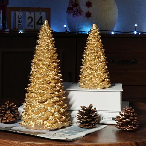 NEROSUN Gold Christmas Tree Figurine, Set of 2 Resin Christmas Tree Table Decorations, Christmas Mini Tree Ornaments Table Centerpiece for Indoor Cabinet Mantel Fireplace Holiday Xmas Decor in Saudi Arabia