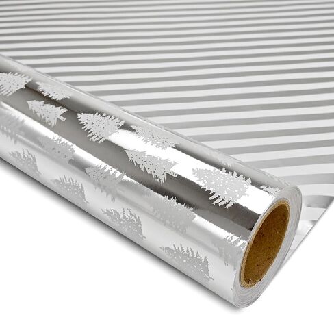 LDGOOAEL Reversible Christmas Wrapping Paper Jumbo Roll - Silver Holiday Tree & Stripes - 30 inches x 100 Feet in Kuwait