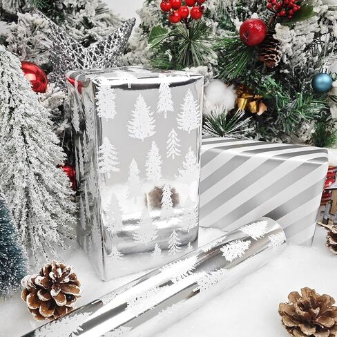 LDGOOAEL Reversible Christmas Wrapping Paper Jumbo Roll - Silver Holiday Tree & Stripes - 30 inches x 100 Feet in Kuwait